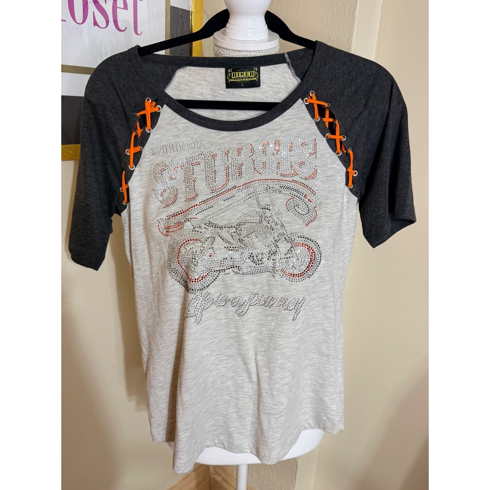 Biker‎ Clothing Company Sturgis SD Rhinestone Lace Up Raglan Tee Gray Large